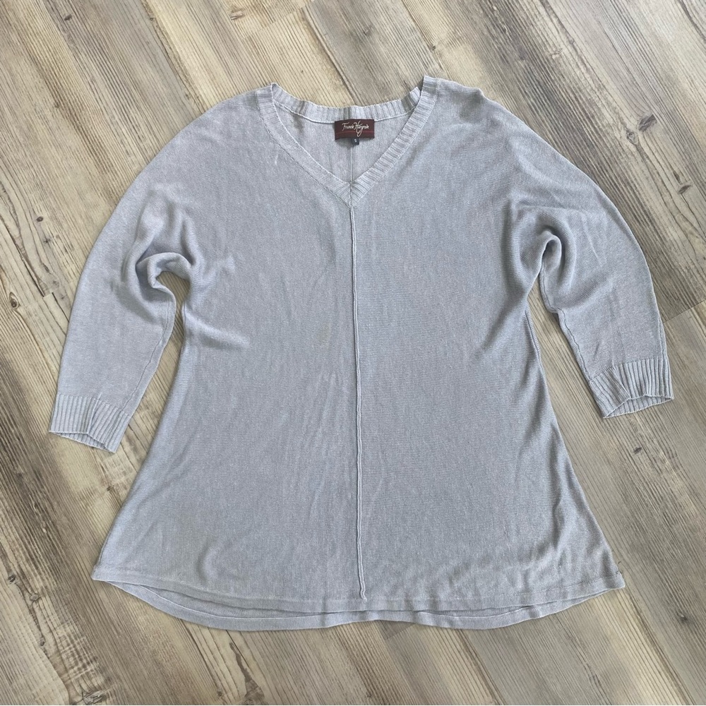 Francie Hargrove linen lightweight knit top 3/4 dolman sleeve grey V-neck small